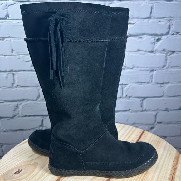 UGG Shoes - UGG Emerie Knee High Flat Boots Black Genuine Suede Fringe Boho Size 6